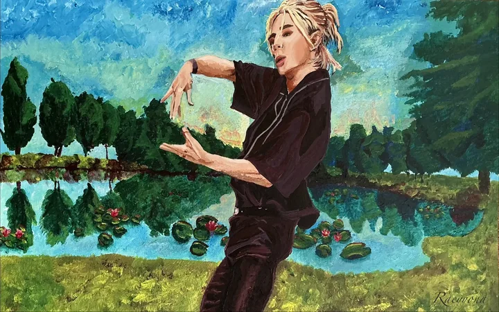 Hyunjin dancing in front of a pond with water lilies by Raeyyona